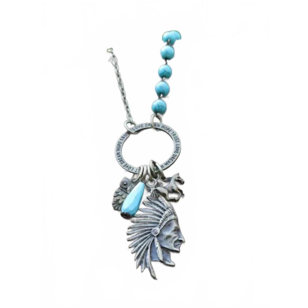 NEW PINK PANACHE women's inspirational ring with indian charm necklace in turquo